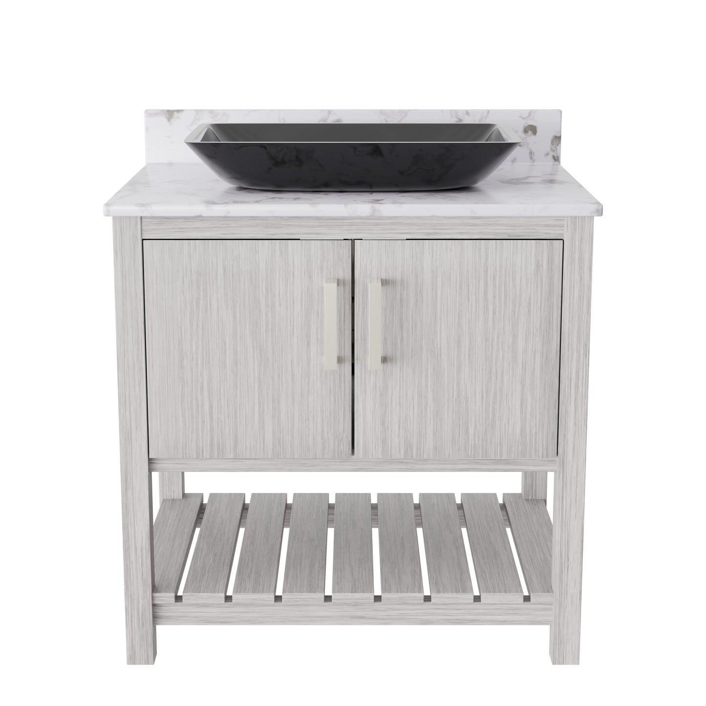 30-inch Novatto bath vanity with café mocha quartz countertop and sink, showcasing sleek bathroom accessory design.