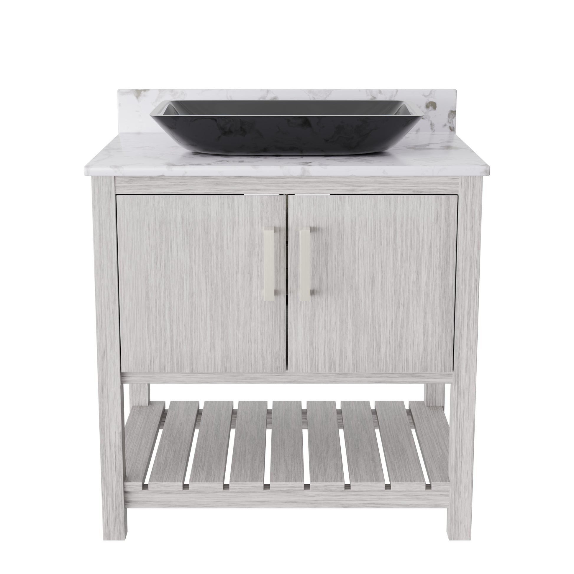 30-inch Novatto bath vanity with café mocha quartz countertop and sink, showcasing sleek bathroom accessory design.