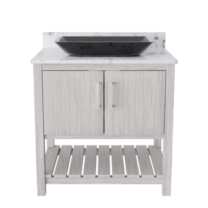 30-inch Novatto bath vanity with café mocha quartz countertop and sink, showcasing sleek bathroom accessory design.