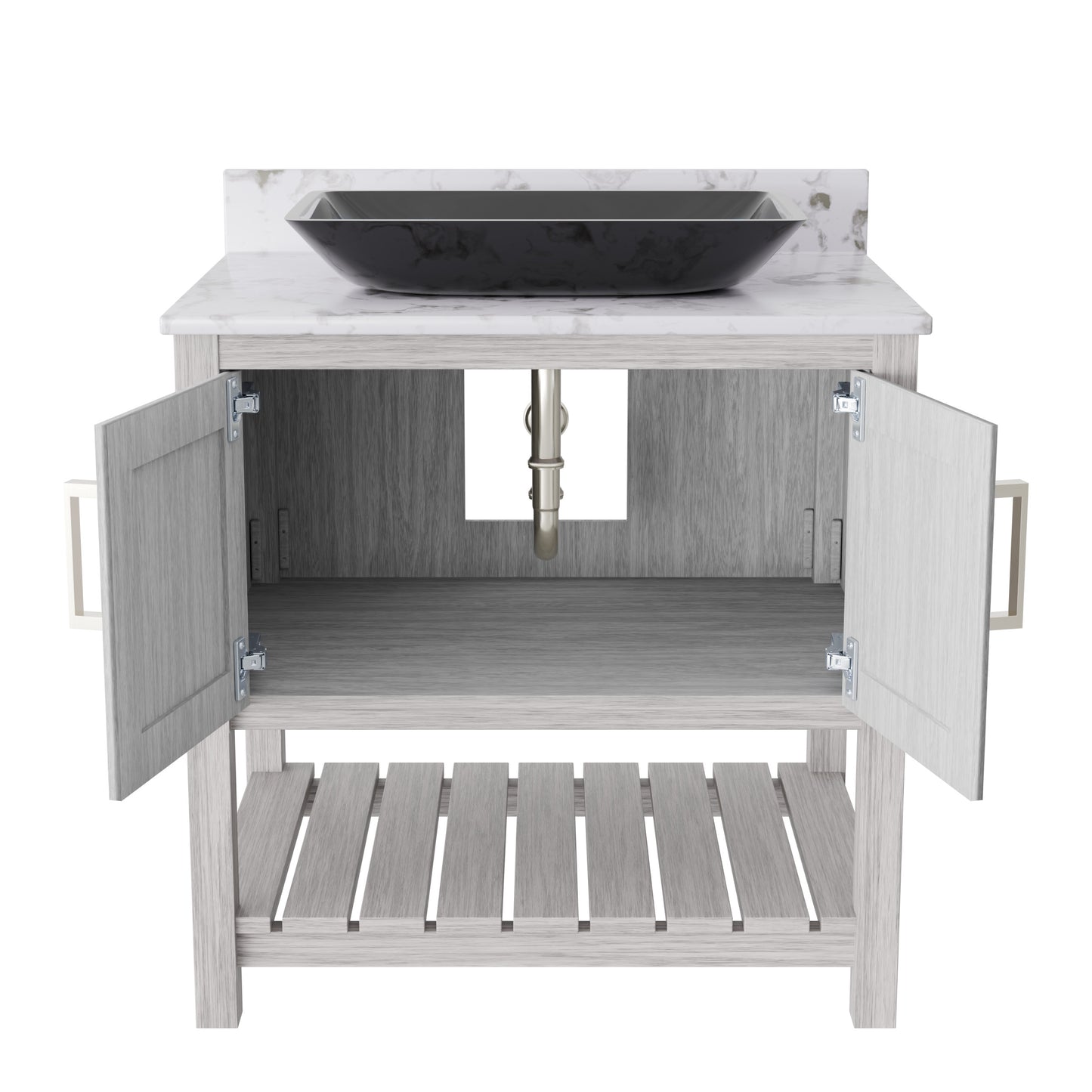 30-inch Novatto bath vanity with café mocha quartz countertop and sink, showcasing modern bathroom accessory design.