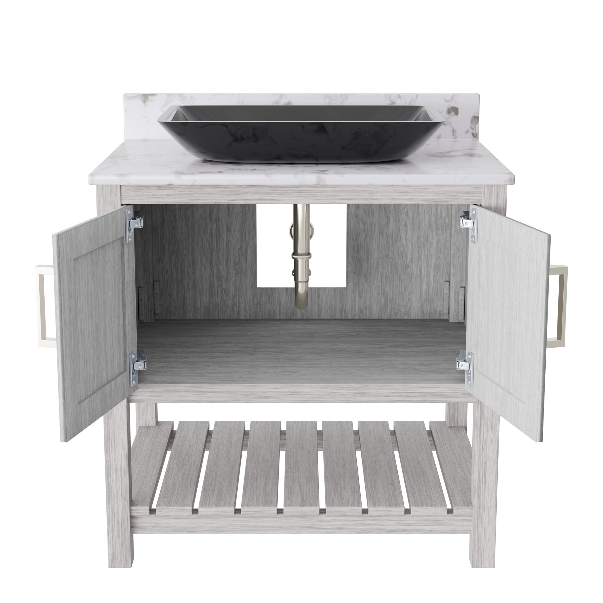 30-inch Novatto bath vanity with café mocha quartz countertop and sink, showcasing modern bathroom accessory design.