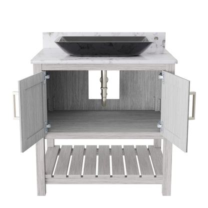 30-inch Novatto bath vanity with café mocha quartz countertop and sink, showcasing modern bathroom accessory design.
