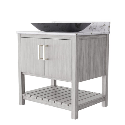 30-inch Novatto bath vanity with café mocha quartz countertop and integrated sink, showcasing sleek bathroom accessory design.