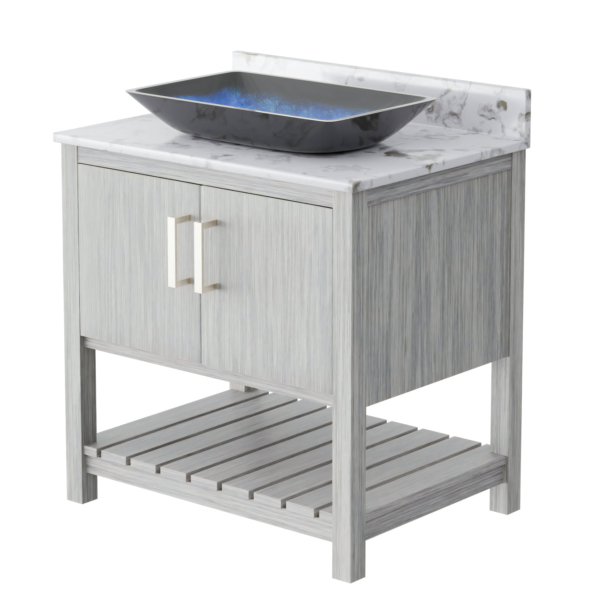 30-inch Novatto bath vanity with café mocha quartz countertop and integrated sink, modern bathroom accessory.