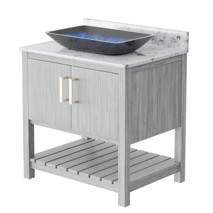 30-inch Novatto bath vanity with café mocha quartz countertop and integrated sink, modern bathroom accessory.
