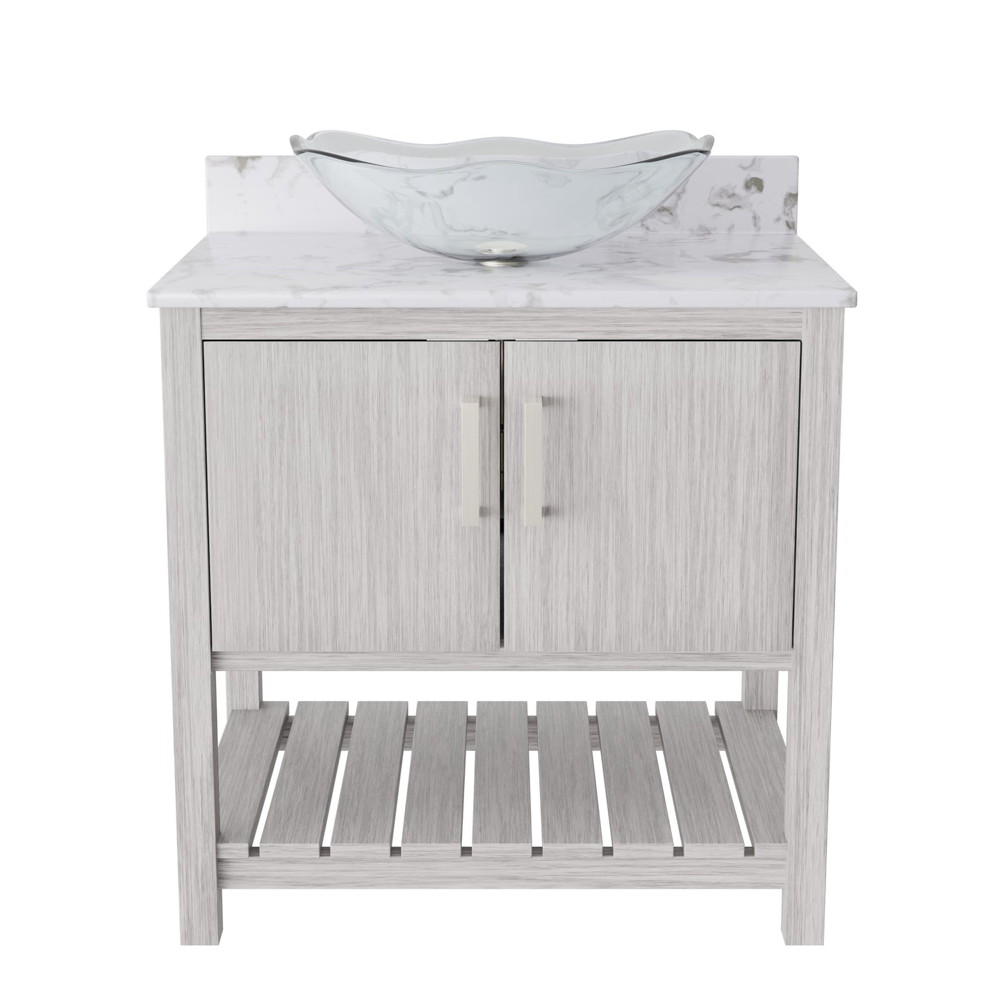 30-inch Novatto bath vanity with café mocha quartz countertop and integrated sink, showcasing sleek bathroom accessory design.