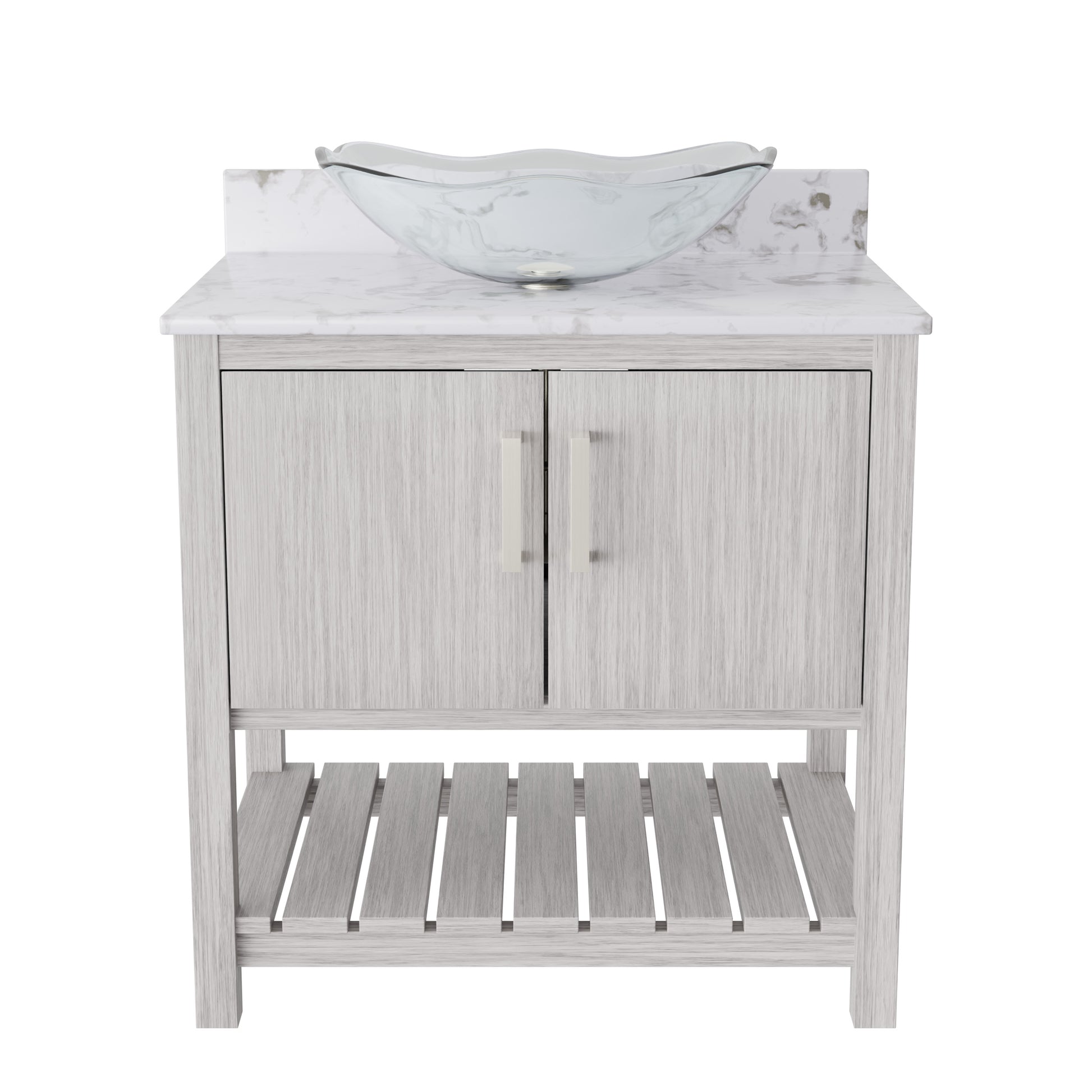 30-inch Novatto bath vanity with café mocha quartz countertop and integrated sink, showcasing sleek bathroom accessory design.