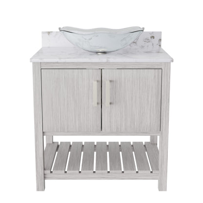 30-inch Novatto bath vanity with café mocha quartz countertop and integrated sink, showcasing sleek bathroom accessory design.