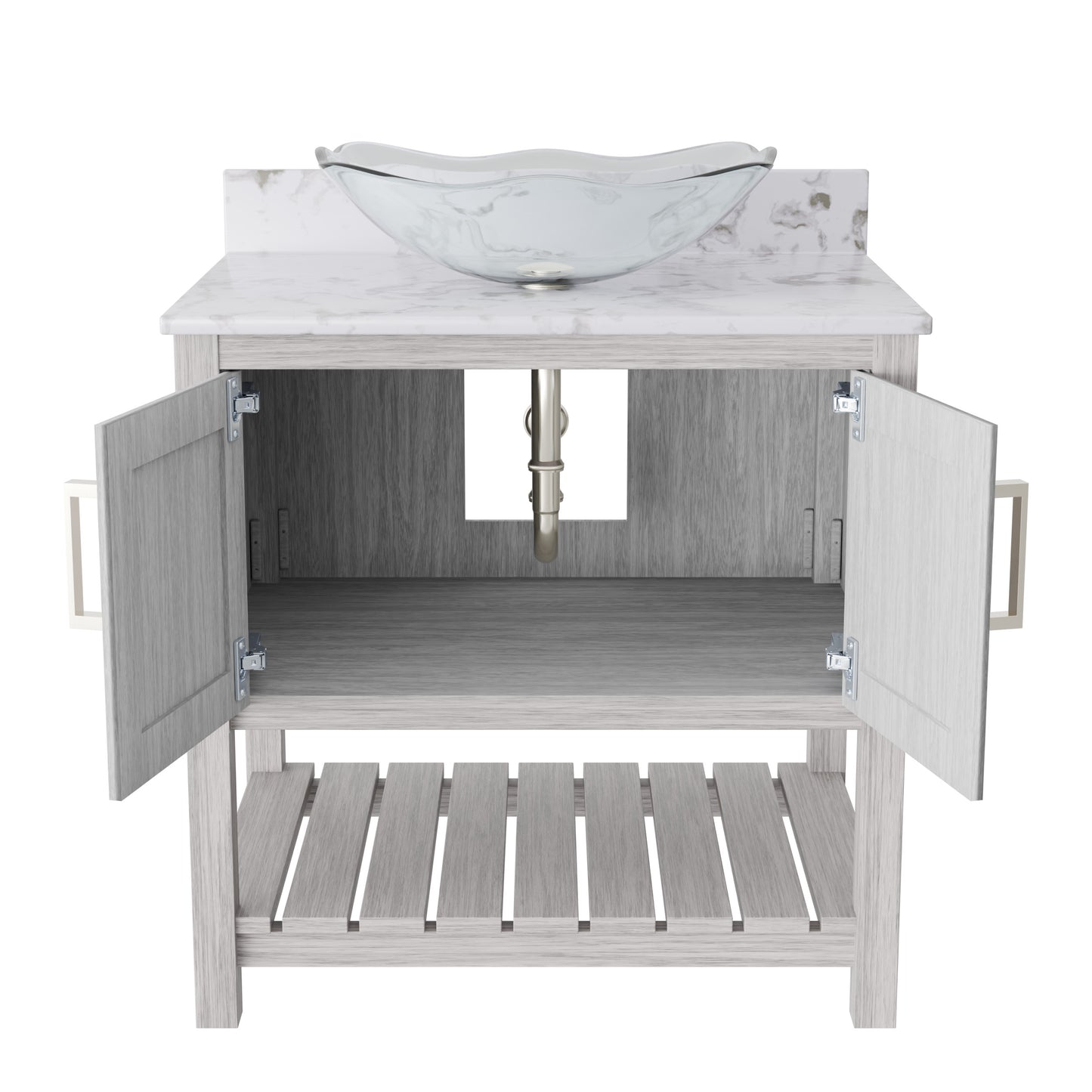 30-inch Novatto bath vanity with café mocha quartz countertop and sink, showcasing elegant bathroom accessory design.