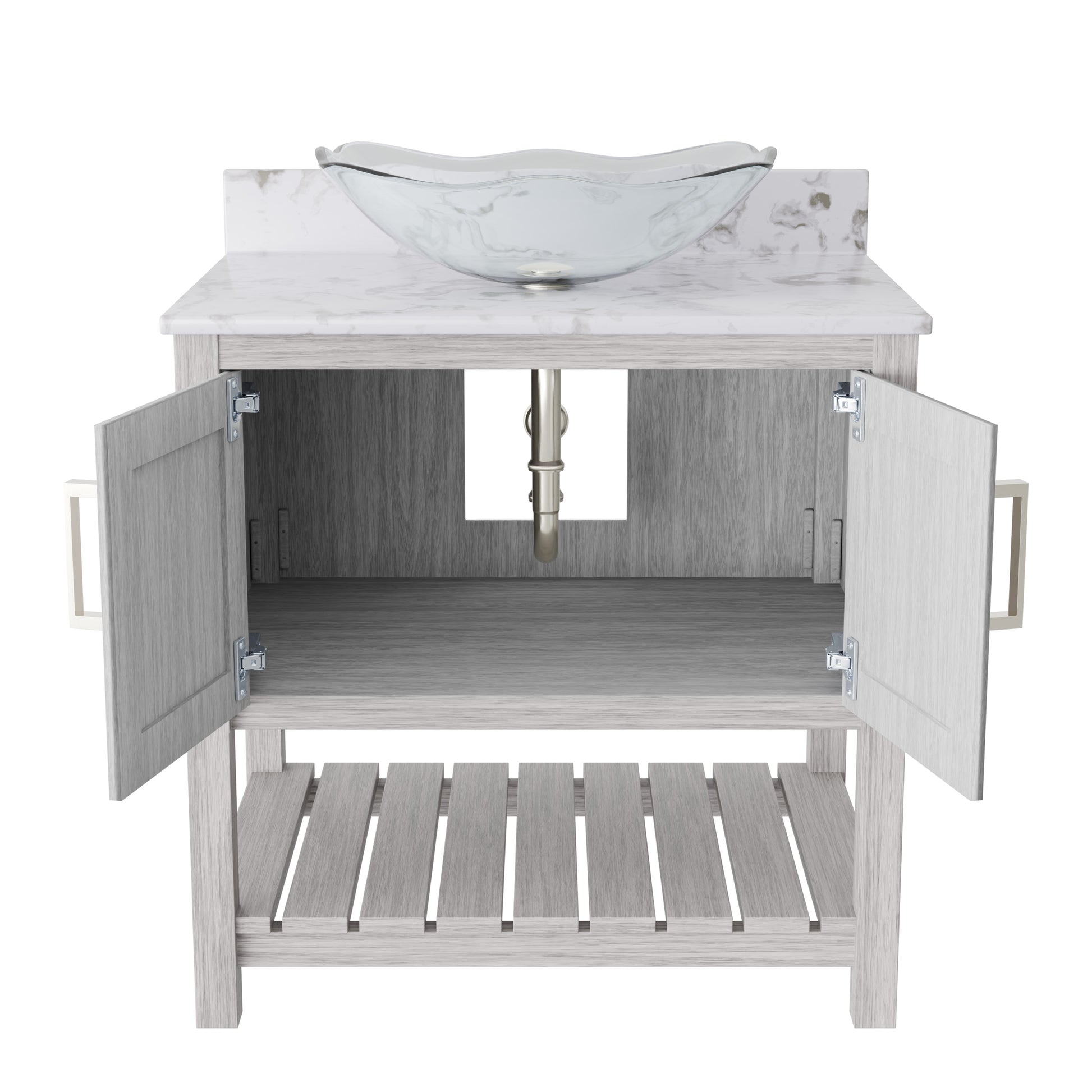 30-inch Novatto bath vanity with café mocha quartz countertop and sink, showcasing elegant bathroom accessory design.