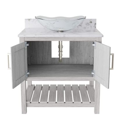 30-inch Novatto bath vanity with café mocha quartz countertop and sink, showcasing elegant bathroom accessory design.