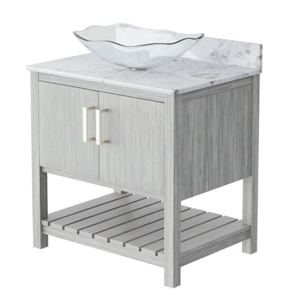 30-inch Novatto bathroom vanity with café mocha quartz countertop and integrated sink, showcasing elegant bathroom accessory design.