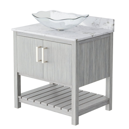 30-inch Novatto bathroom vanity with café mocha quartz countertop and integrated sink, showcasing elegant bathroom accessory design.