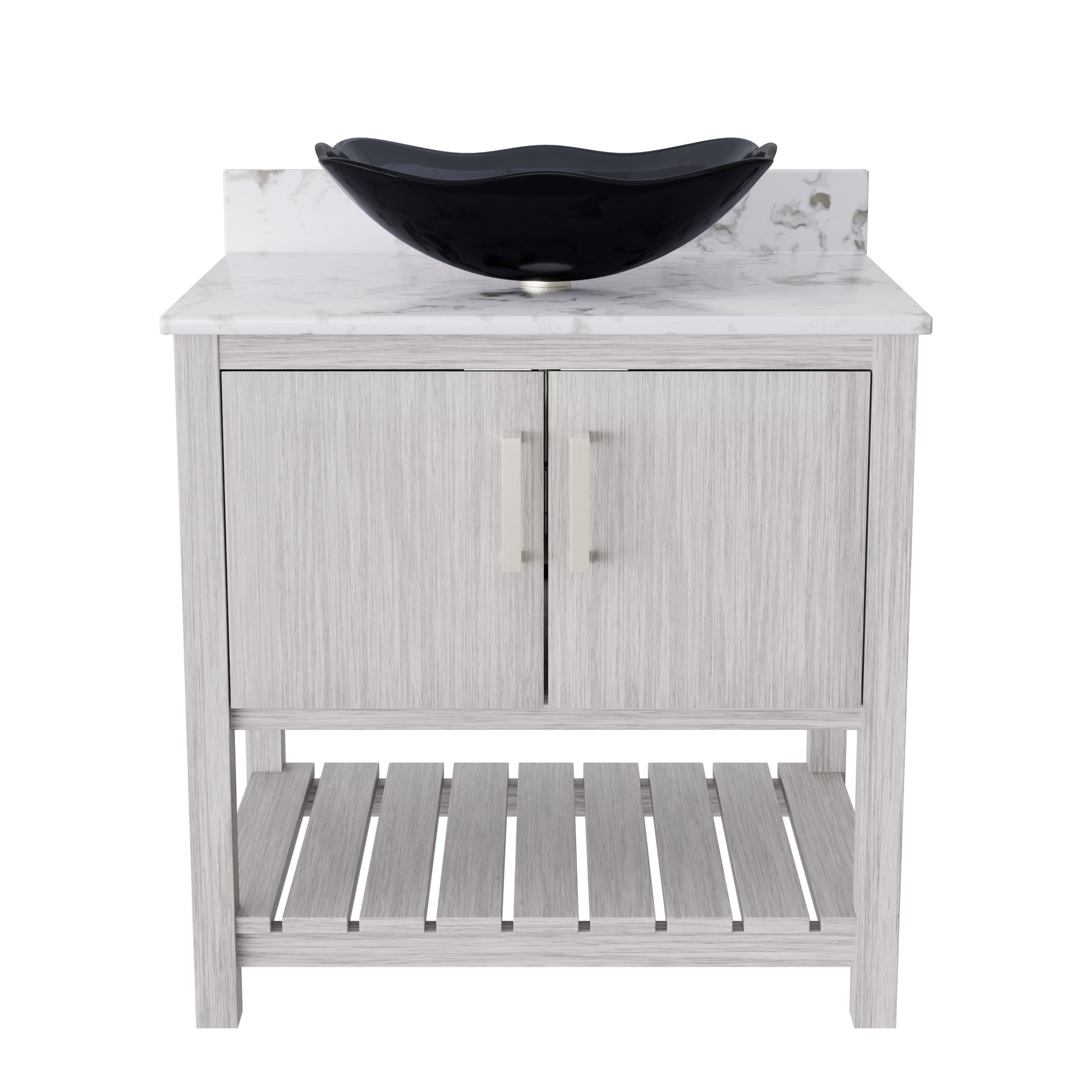Novatto 30-inch bath vanity with café mocha quartz countertop and sink, modern bathroom accessory with sleek design.