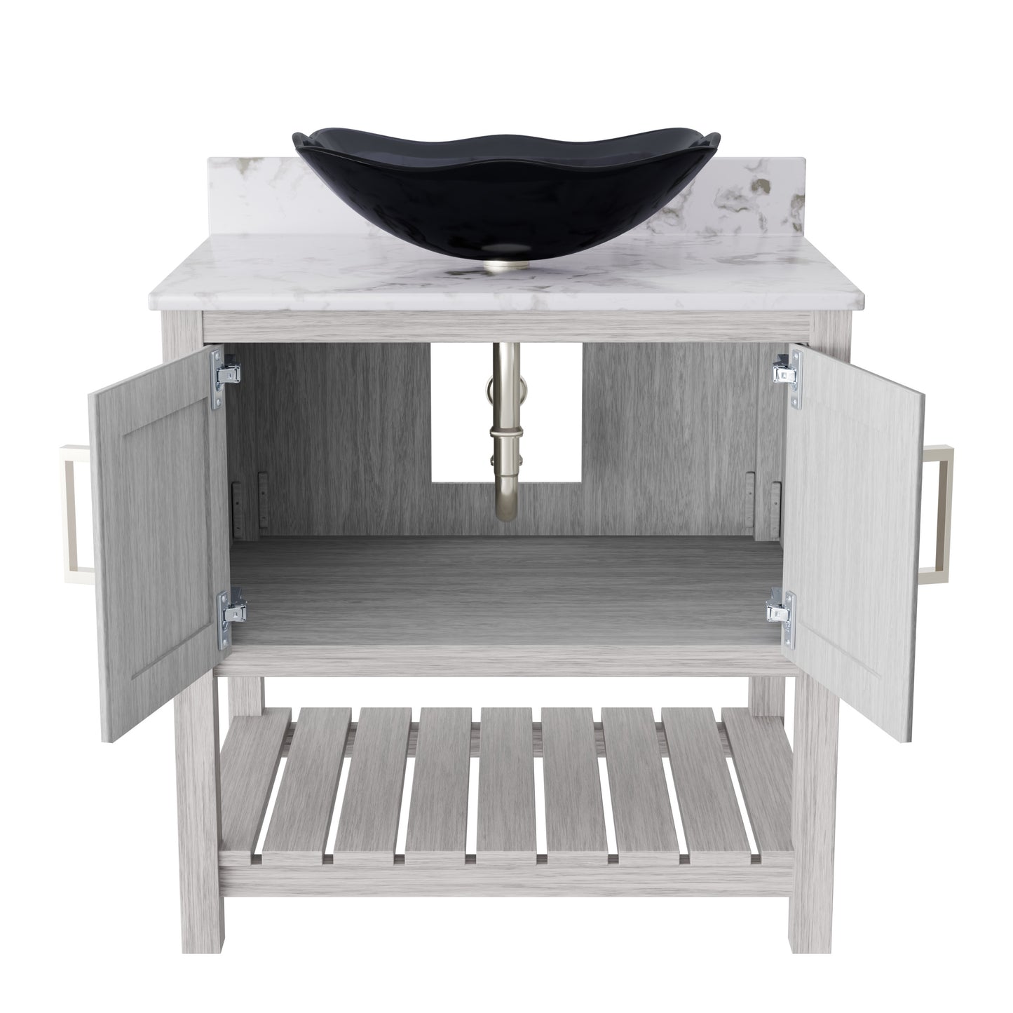 30-inch Novatto bath vanity with café mocha quartz countertop and sink, showcasing elegant bathroom accessory design.