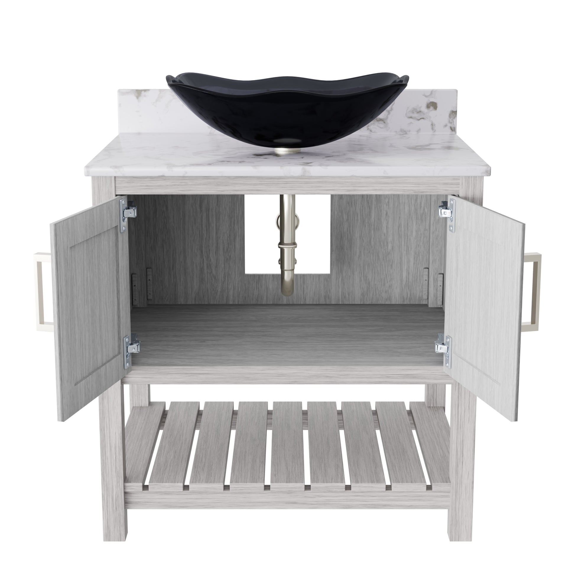 30-inch Novatto bath vanity with café mocha quartz countertop and sink, showcasing elegant bathroom accessory design.