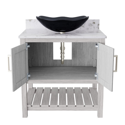 30-inch Novatto bath vanity with café mocha quartz countertop and sink, showcasing elegant bathroom accessory design.
