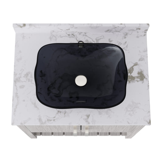 30-inch Novatto bath vanity with café mocha quartz countertop and integrated sink, showcasing sleek bathroom accessory design.