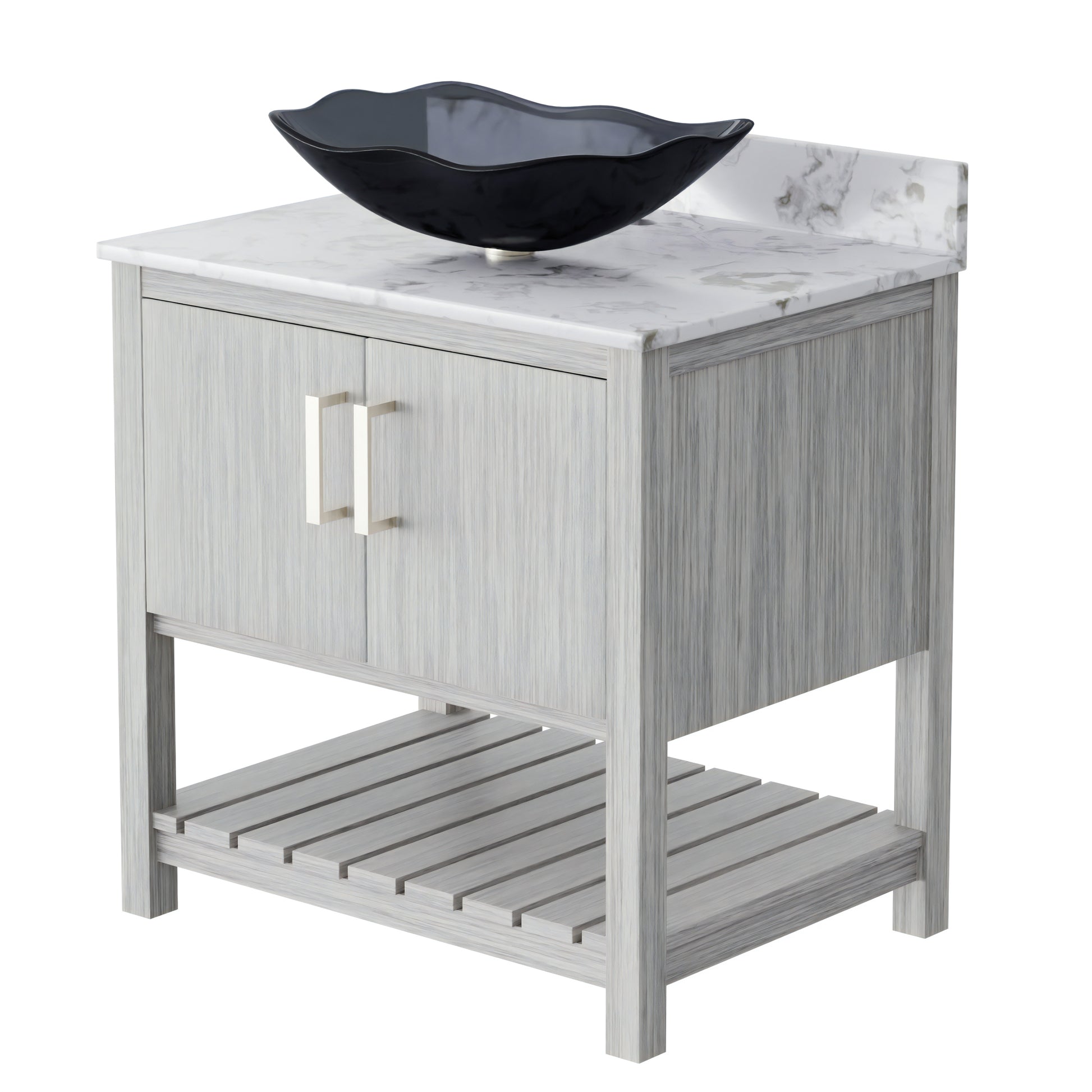 30-inch Novatto bath vanity with café mocha quartz countertop and integrated sink, showcasing sleek bathroom accessory design.