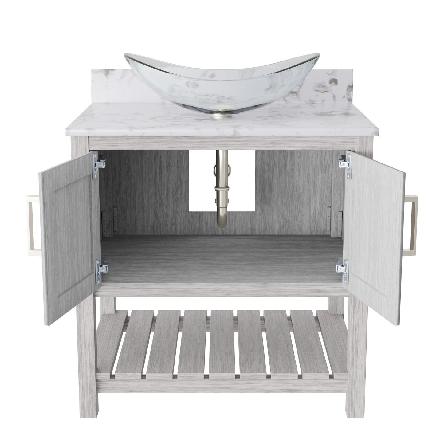 30-inch Novatto bath vanity with café mocha quartz counter and sink, showcasing a modern bathroom accessory.