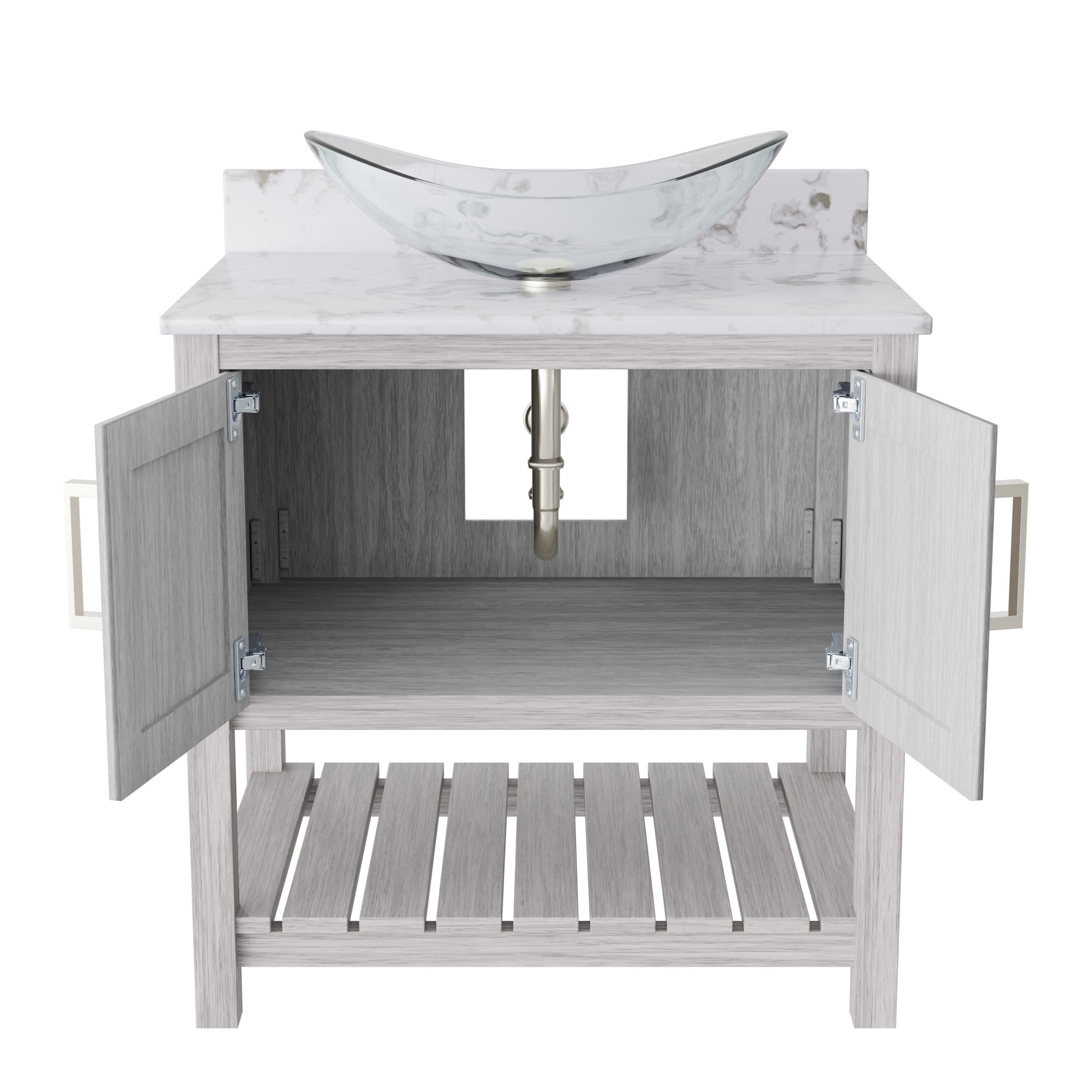 30-inch Novatto bath vanity with café mocha quartz counter and sink, showcasing a modern bathroom accessory.