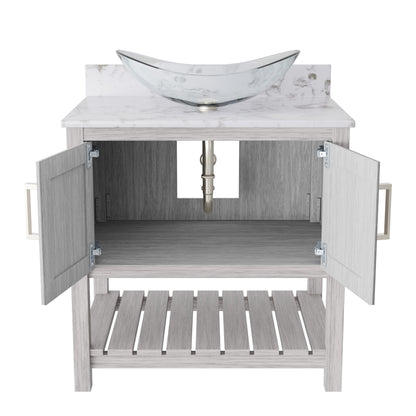 30-inch Novatto bath vanity with café mocha quartz counter and sink, showcasing a modern bathroom accessory.