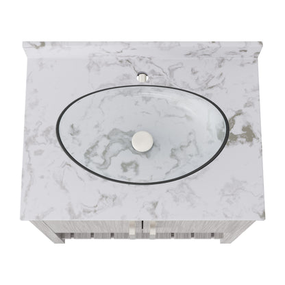 30-inch Novatto bath vanity with café mocha quartz countertop and sink, showcasing sleek, modern bathroom accessory design