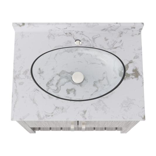 30-inch Novatto bath vanity with café mocha quartz countertop and sink, showcasing sleek, modern bathroom accessory design