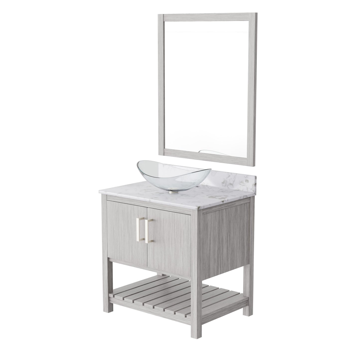 30-inch Novatto bath vanity with café mocha quartz countertop and integrated sink, showcasing its sleek design and warm finish.