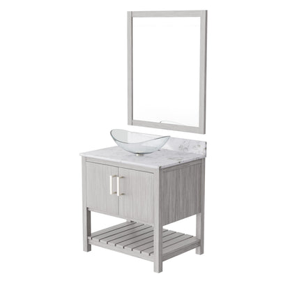 30-inch Novatto bath vanity with café mocha quartz countertop and integrated sink, showcasing its sleek design and warm finish.