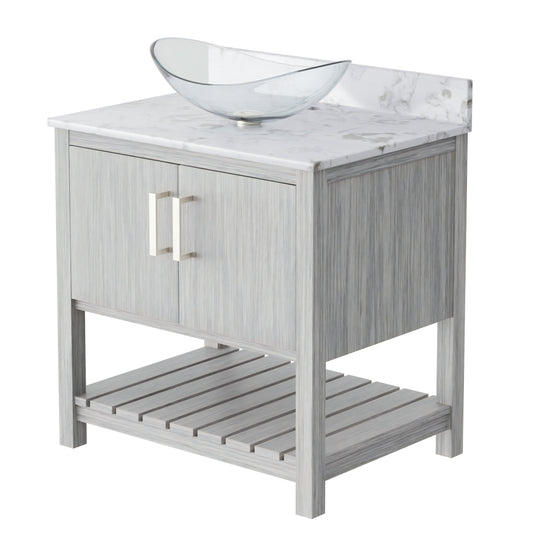 30-inch Novatto bath vanity with café mocha quartz countertop and sink, featuring sleek modern design.