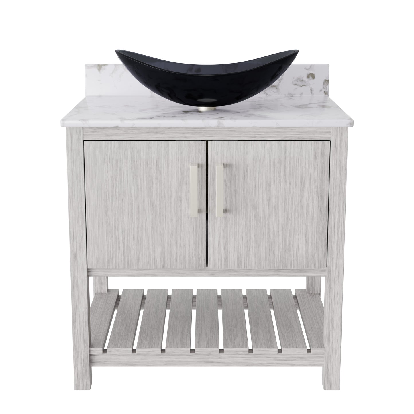 30-inch Novatto bath vanity with café mocha quartz counter and sink, sleek bathroom accessory with modern design.