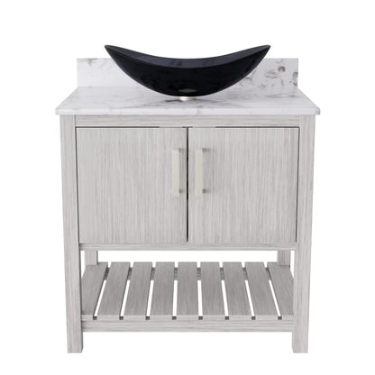 30-inch Novatto bath vanity with café mocha quartz counter and sink, sleek bathroom accessory with modern design.