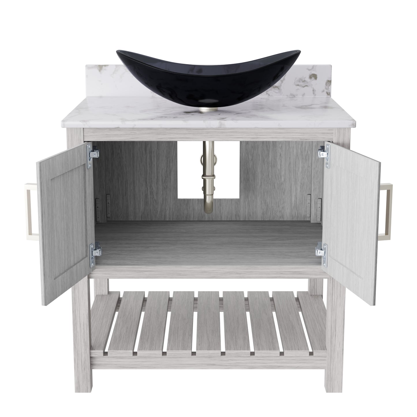 Novatto 30-inch bath vanity with café mocha quartz countertop and integrated sink, stylish bathroom accessory.