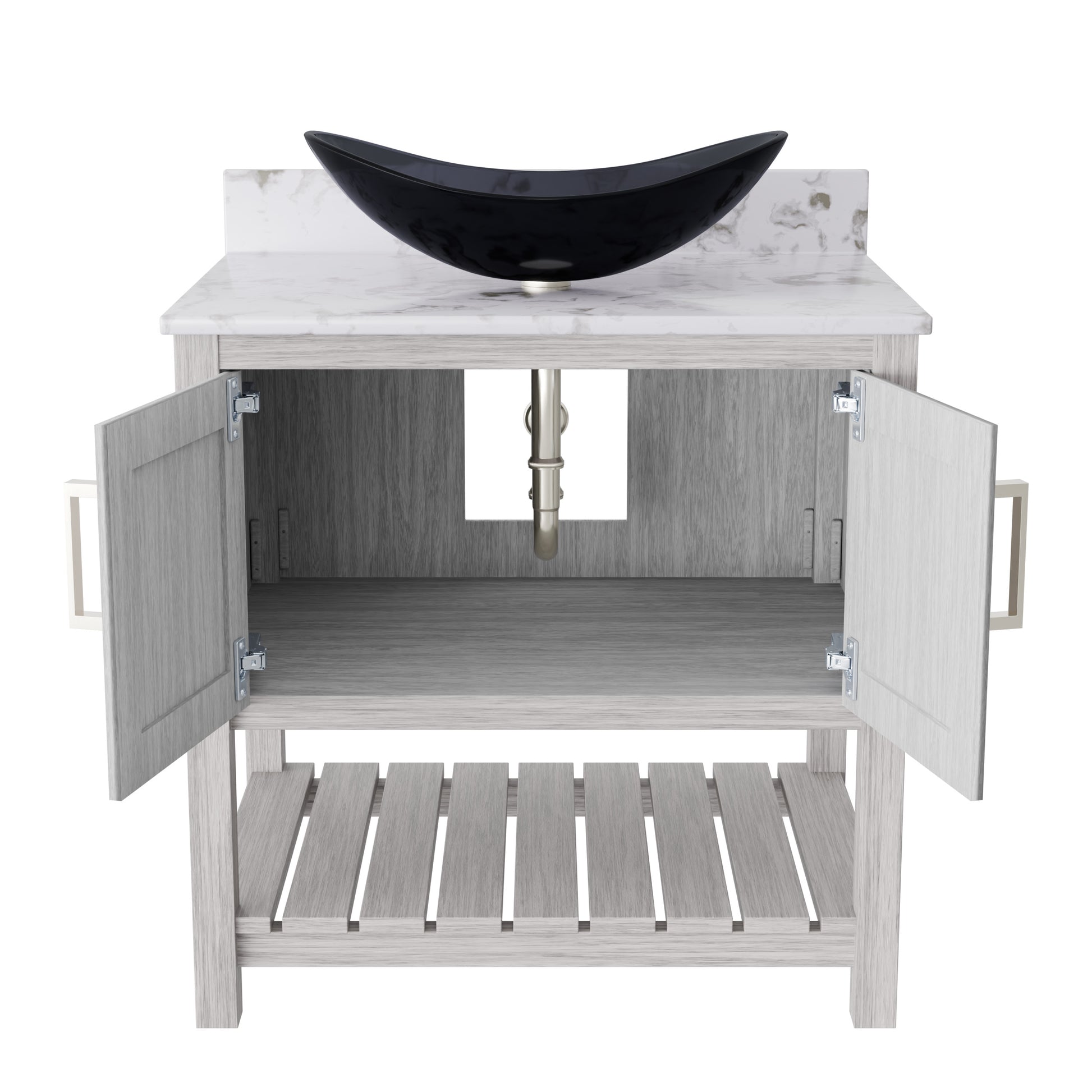 Novatto 30-inch bath vanity with café mocha quartz countertop and integrated sink, stylish bathroom accessory.