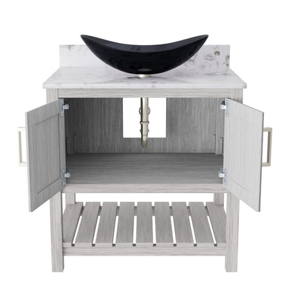Novatto 30-inch bath vanity with café mocha quartz countertop and integrated sink, stylish bathroom accessory.