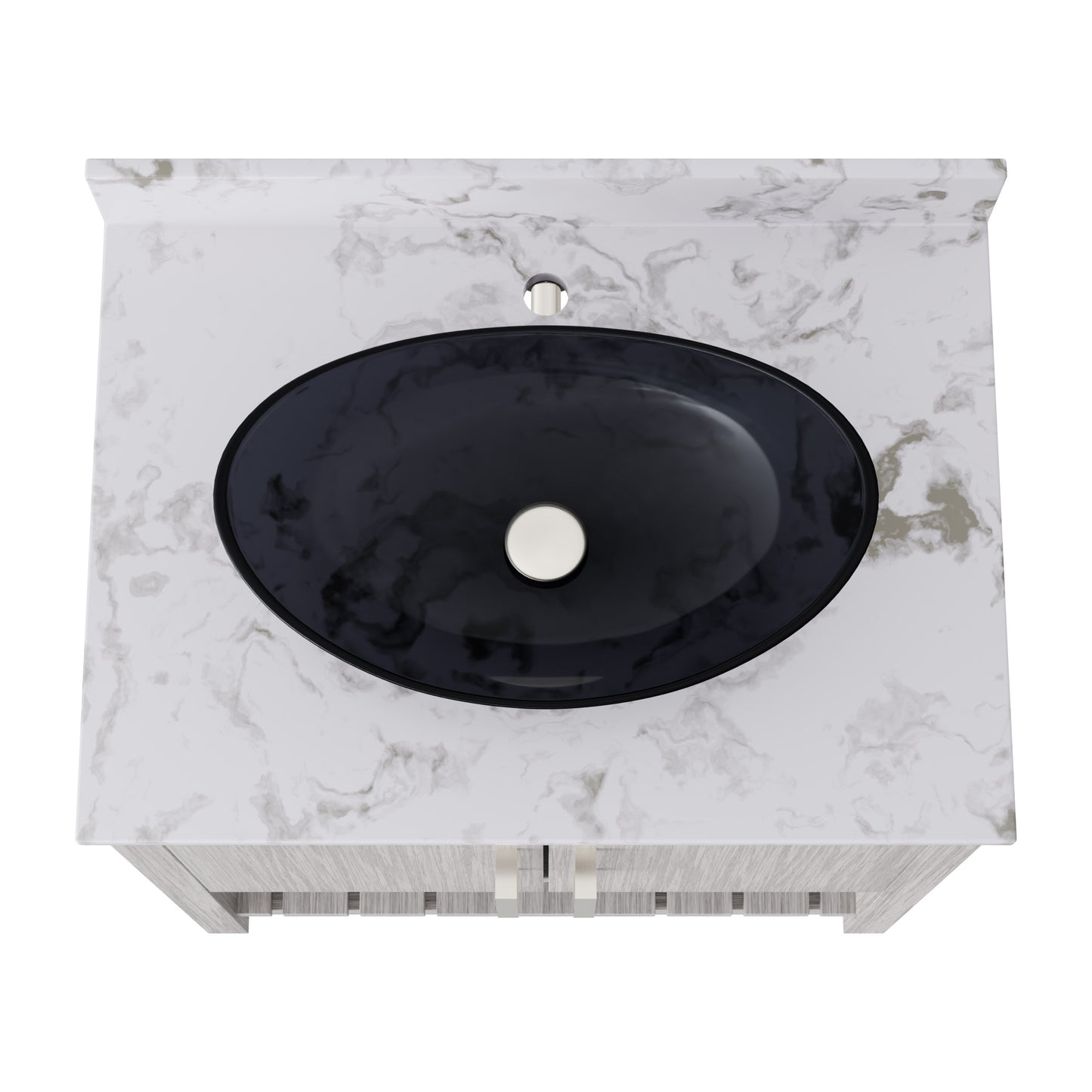 30-inch Novatto bath vanity with café mocha quartz counter and integrated sink, showcasing sleek bathroom accessory design.