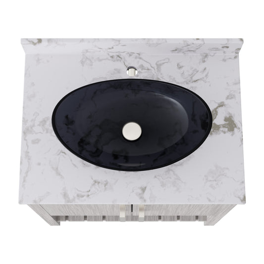 30-inch Novatto bath vanity with café mocha quartz counter and integrated sink, showcasing sleek bathroom accessory design.