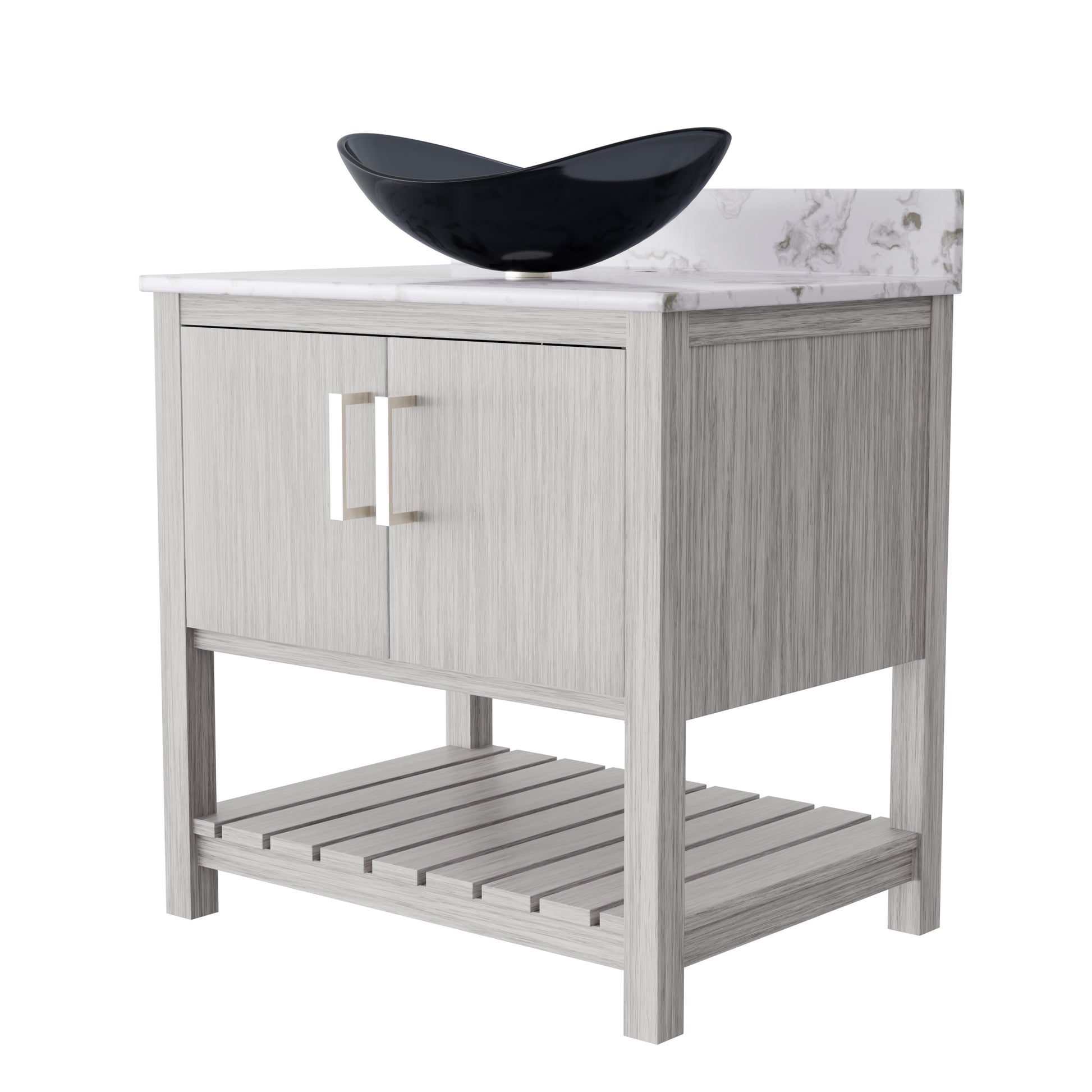 30-inch Novatto bath vanity with Café Mocha quartz countertop and integrated sink, showcasing modern bathroom accessory design.