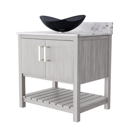 30-inch Novatto bath vanity with Café Mocha quartz countertop and integrated sink, showcasing modern bathroom accessory design.