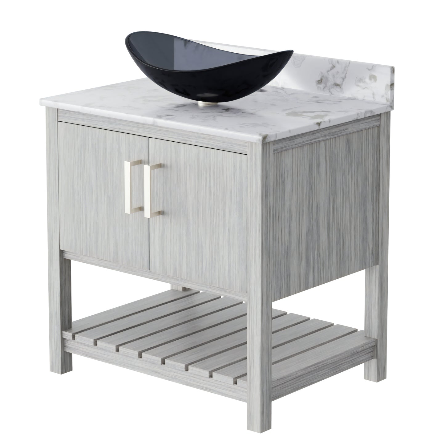 30-inch Novatto bathroom vanity with café mocha quartz countertop and integrated sink, showcasing modern bathroom accessory design.