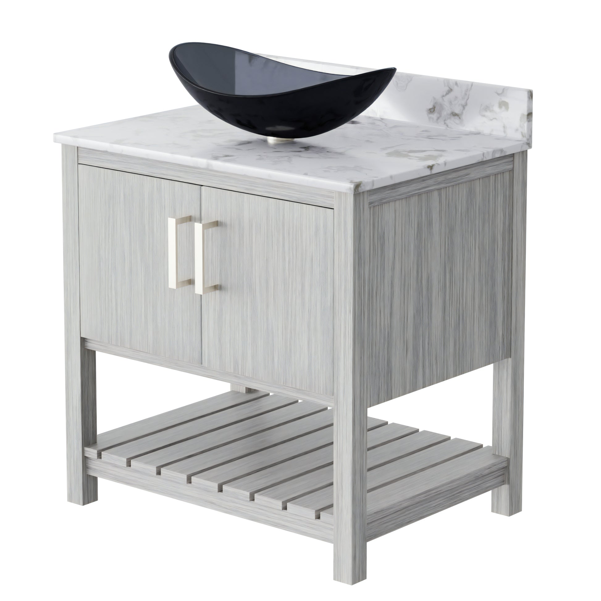 30-inch Novatto bathroom vanity with café mocha quartz countertop and integrated sink, showcasing modern bathroom accessory design.