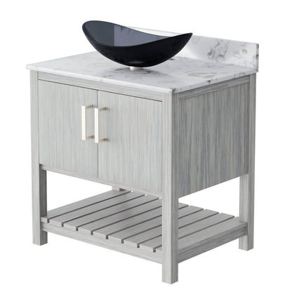 30-inch Novatto bathroom vanity with café mocha quartz countertop and integrated sink, showcasing modern bathroom accessory design.