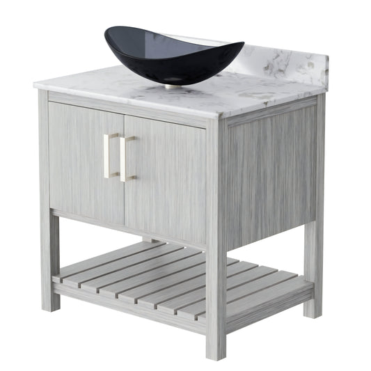 30-inch Novatto bathroom vanity with café mocha quartz countertop and integrated sink, showcasing modern bathroom accessory design.