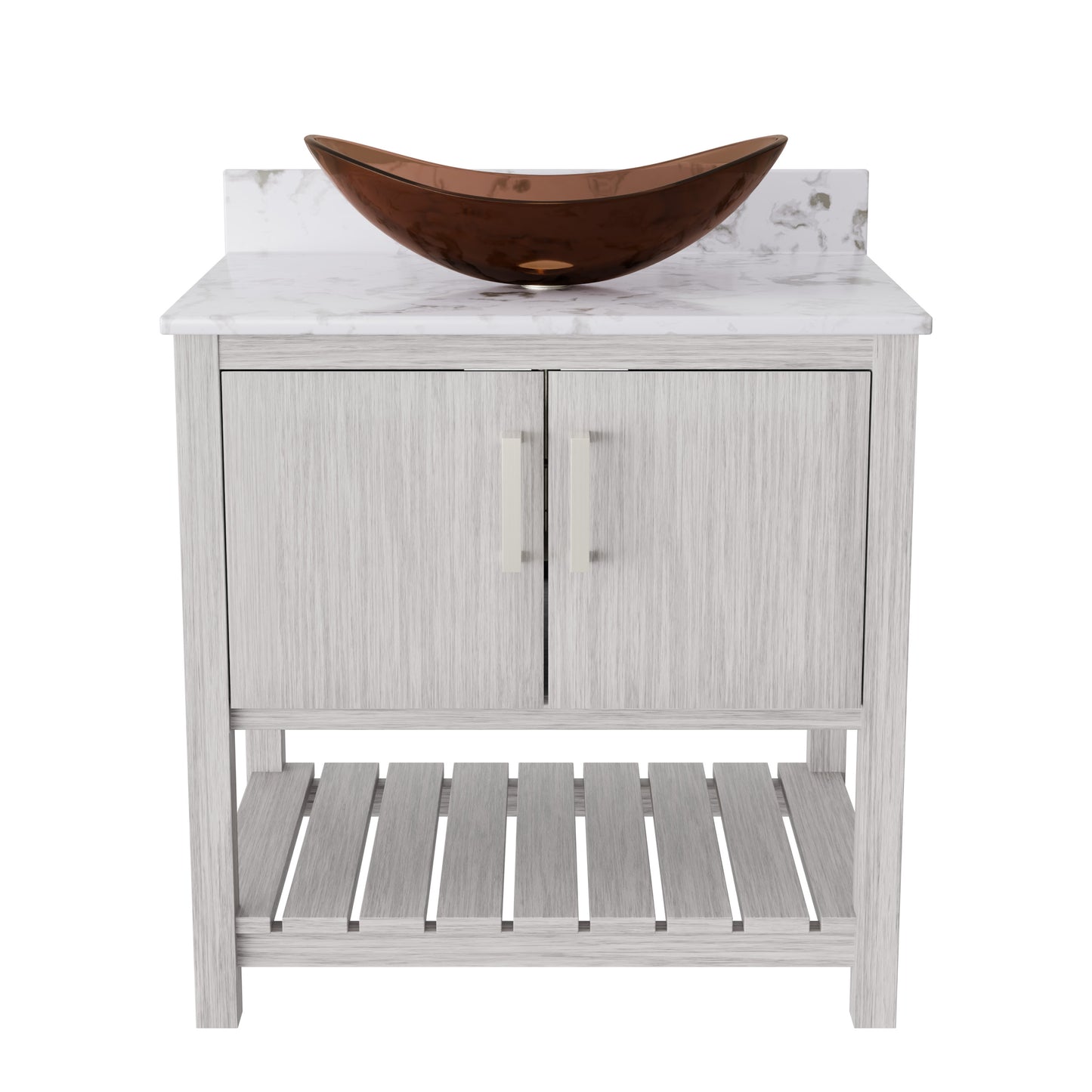 30-inch Novatto bath vanity with café mocha quartz countertop and sink, showcasing modern bathroom accessory design.