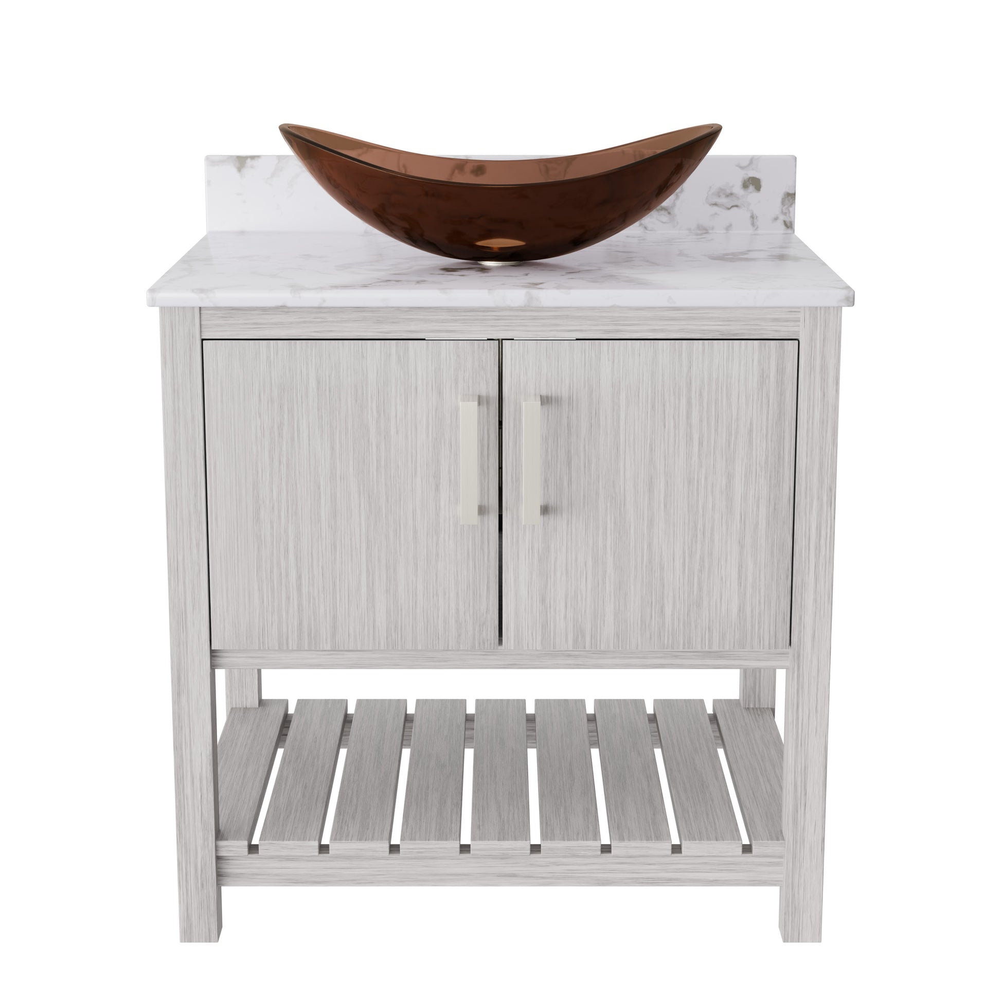 30-inch Novatto bath vanity with café mocha quartz countertop and sink, showcasing modern bathroom accessory design.