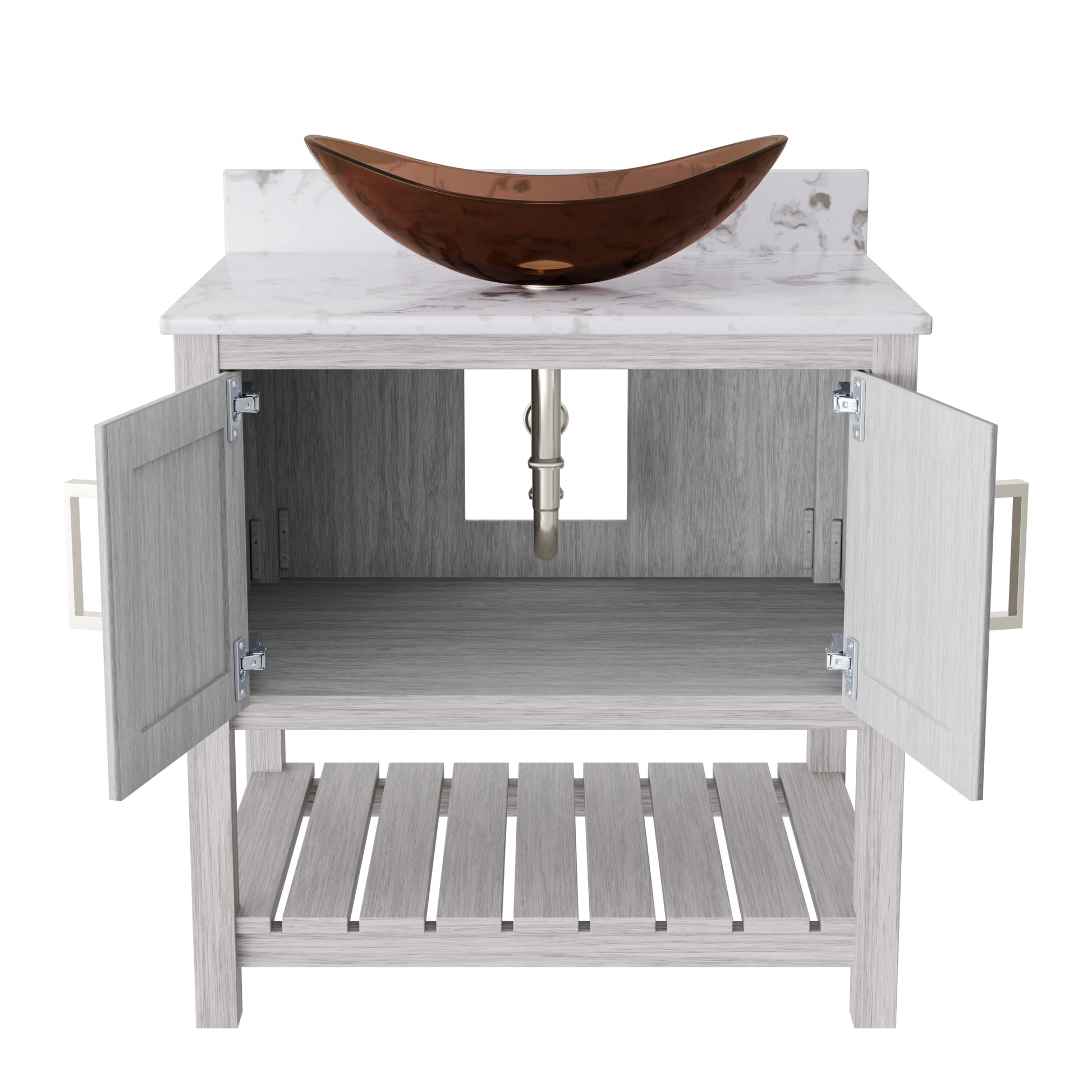 Novatto 30-inch bath vanity with café mocha quartz counter and sink, showcasing its sleek design and natural stone finish.