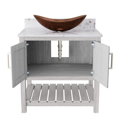 Novatto 30-inch bath vanity with café mocha quartz counter and sink, showcasing its sleek design and natural stone finish.