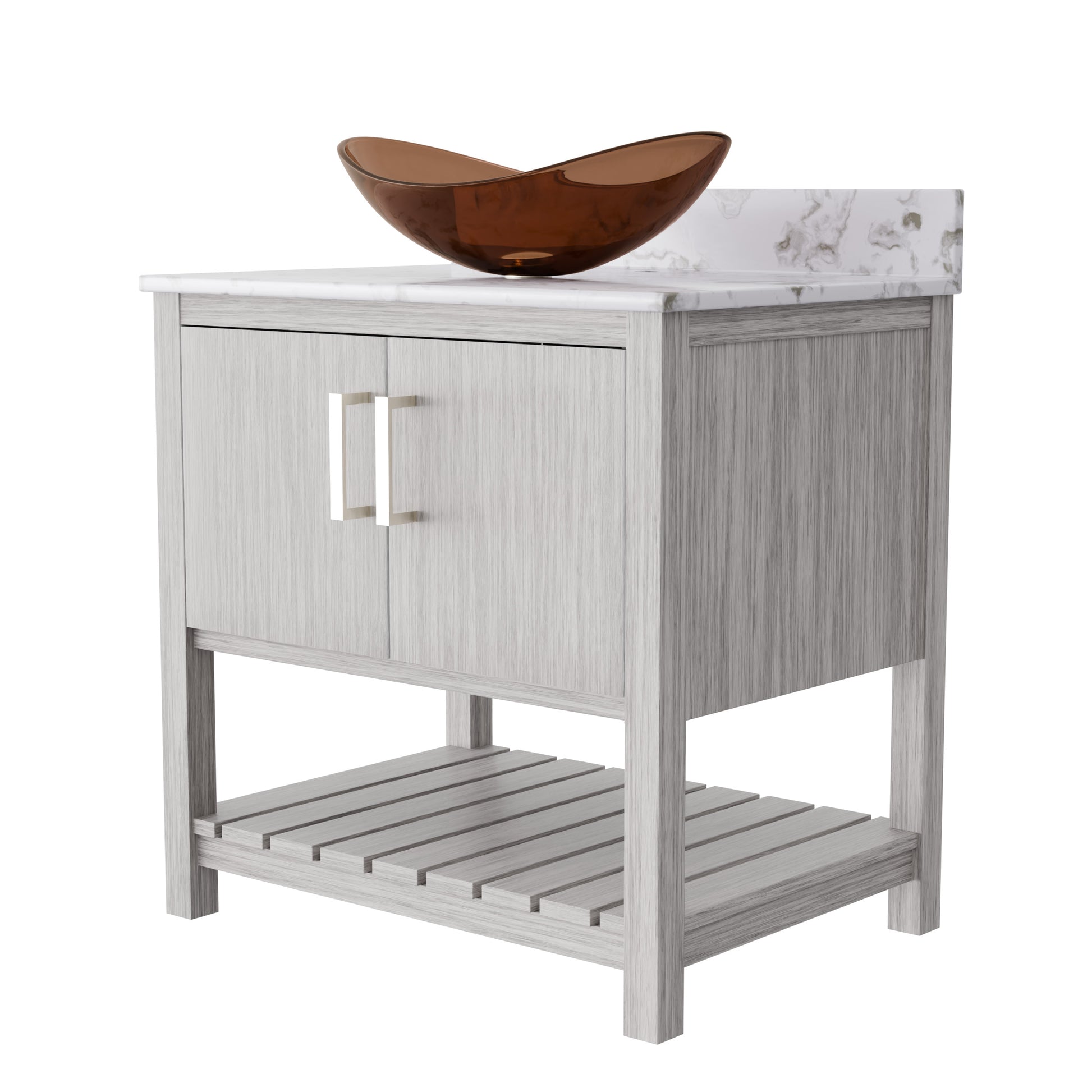Novatto 30-inch bath vanity with café mocha quartz countertop and sink, featuring a sleek, modern bathroom accessory design.