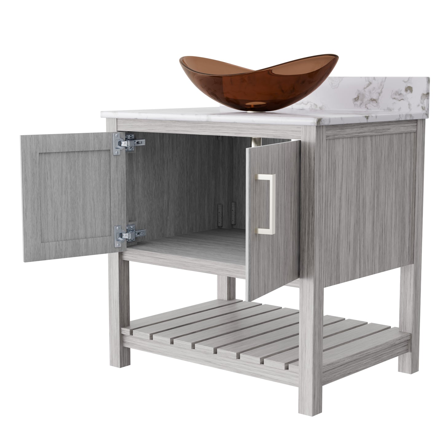30-inch Novatto bath vanity with café mocha quartz countertop and sink, showcasing modern bathroom accessory design.
